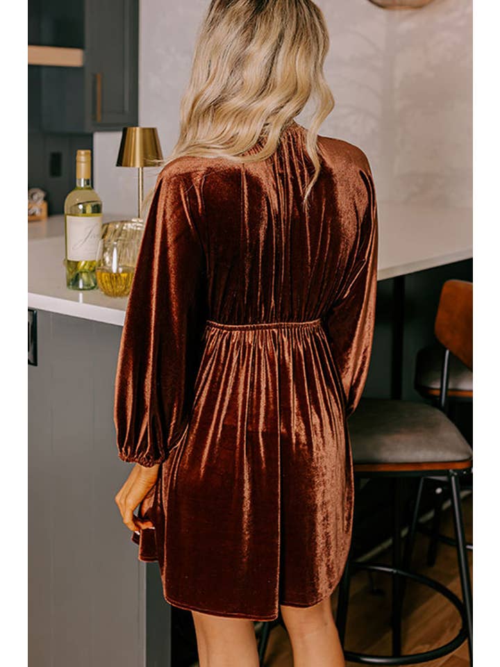 Clay Elastic V Neck Puff Sleeve Short Velvet Dress for wholesale on Faire1