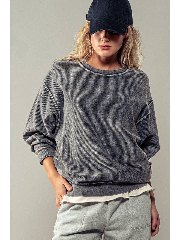 Urban Daizy - Wholesale Sweatshirt - Women's - Oversized Vintage Wash Ribbed Cotton Sweater