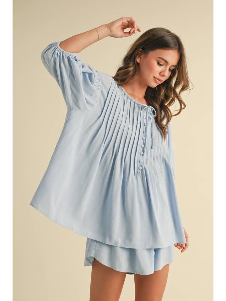 Klesis - Wholesale Top & Short Set (NOT Loungewear) - Women's - IST5779-B PIN TUCK BALLOON SLEEVE TUNIC TOP AND SHORTS SET