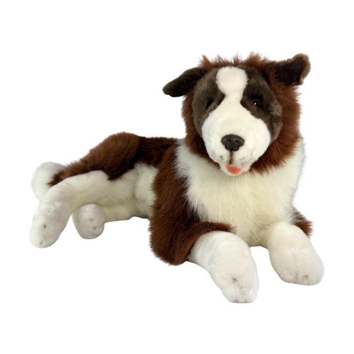 Hazel - Chokolade Border Collie med satinlomme - 62 cm liggende for engroshandel hos Bocchetta Plush Toys