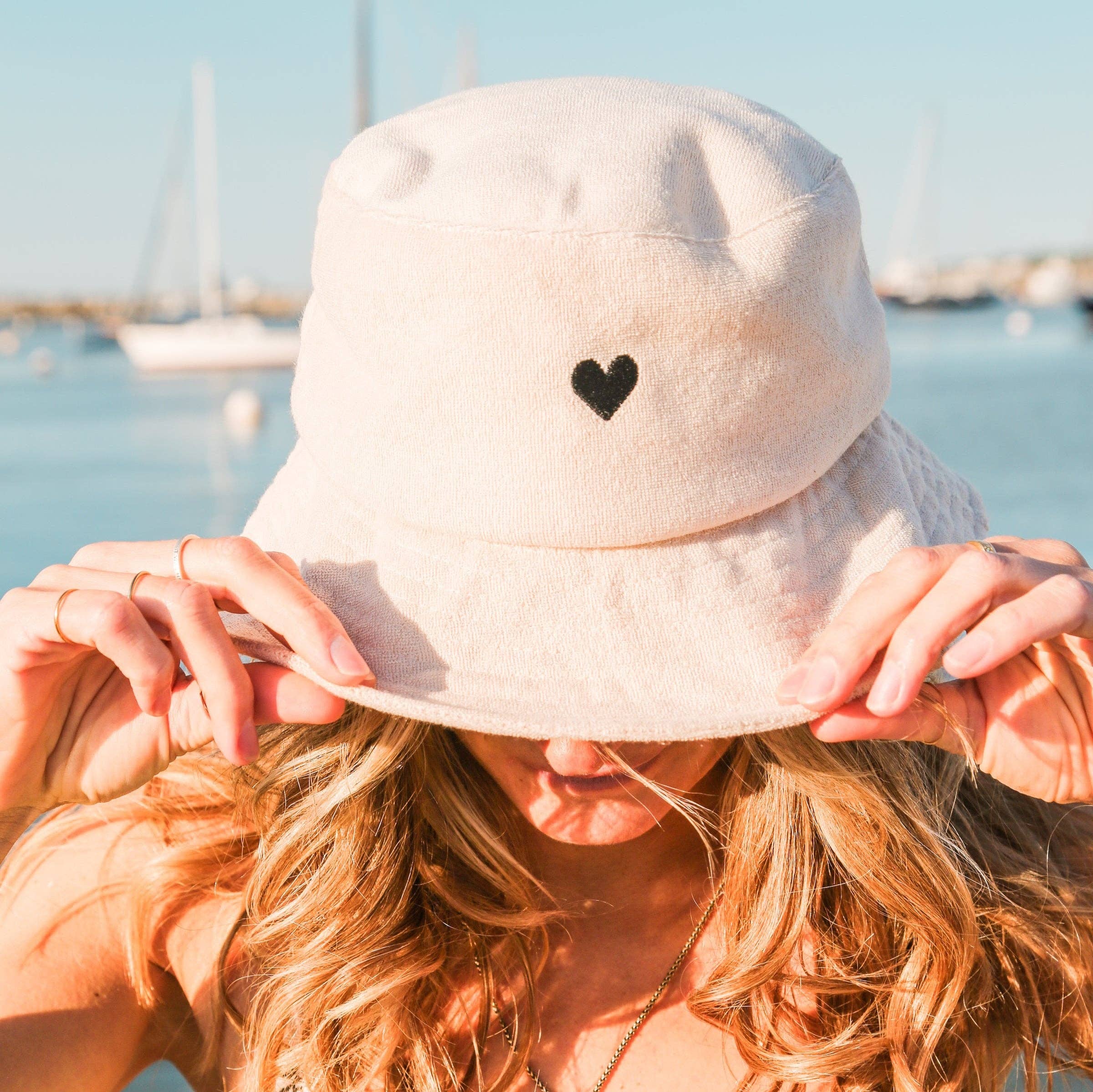 Atticus Poetry - Wholesale Bucket Hat - Women's - White Terry Towel Bucket Hat - Heart Hat1