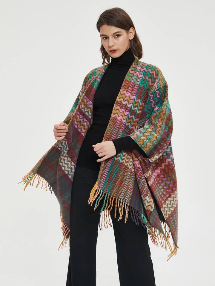 ePretty - Wholesale Poncho - Women's - Multi Color Chevron Printed Knit Wrap with Tassels Z1-PJP1210