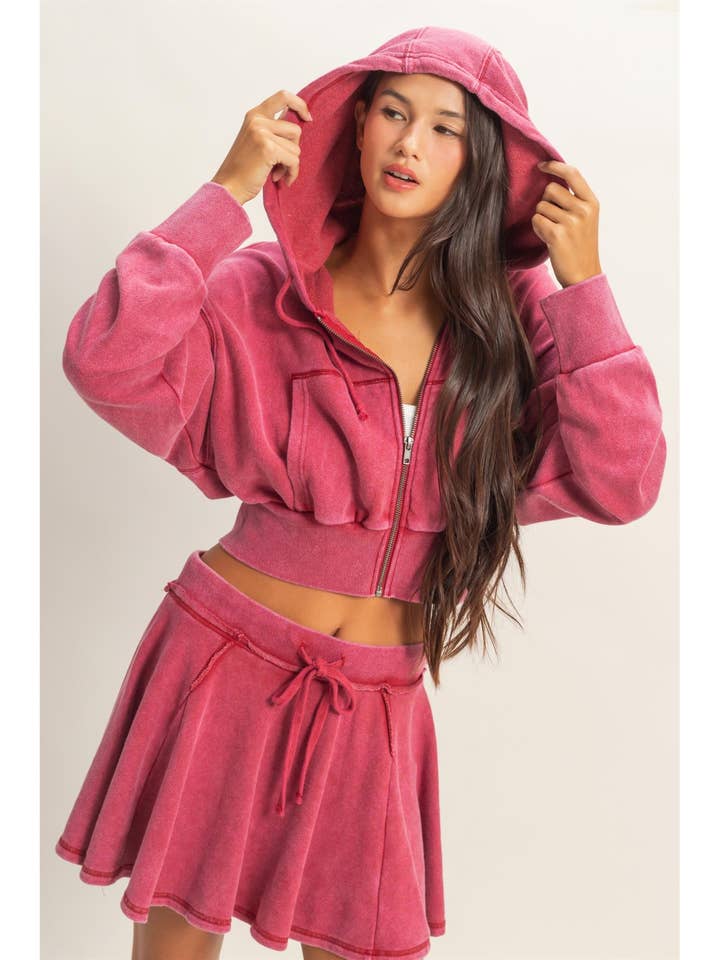 Veste à capuche zippée raccourcie effet délavé à l'acide pour la vente par HYFVE