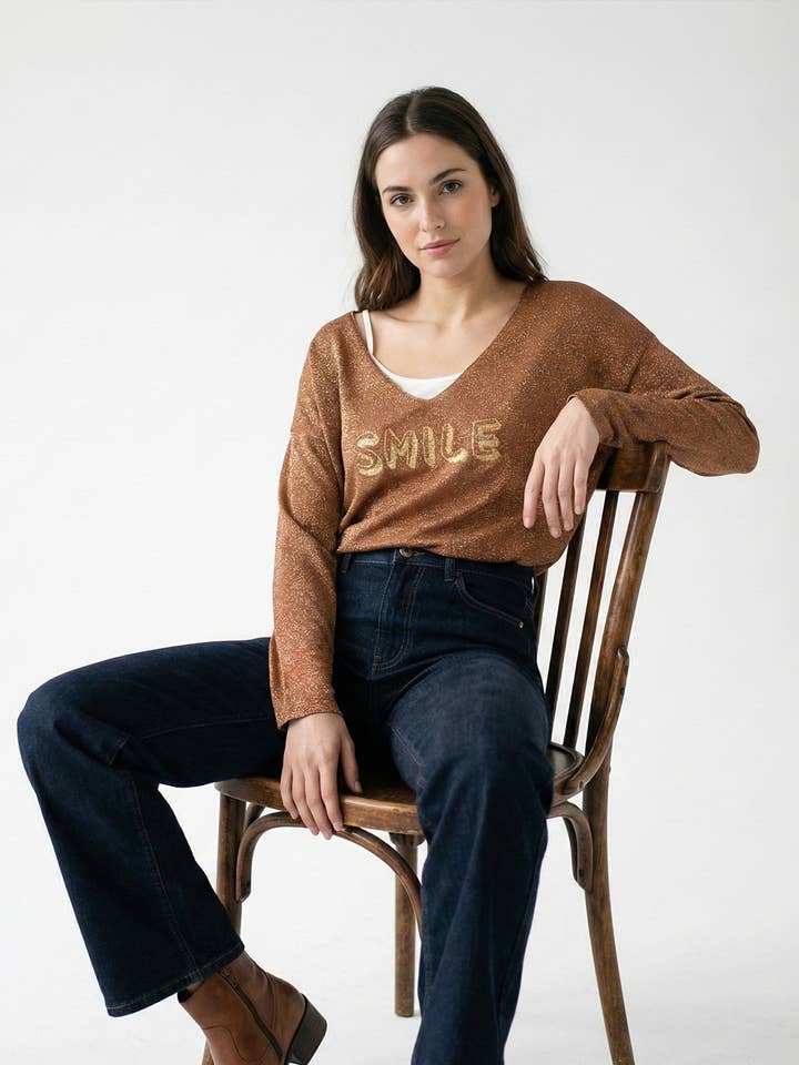 Smile Lurex Style Long Sleeve V-Neck T-Shirt for wholesale by L'Emotion