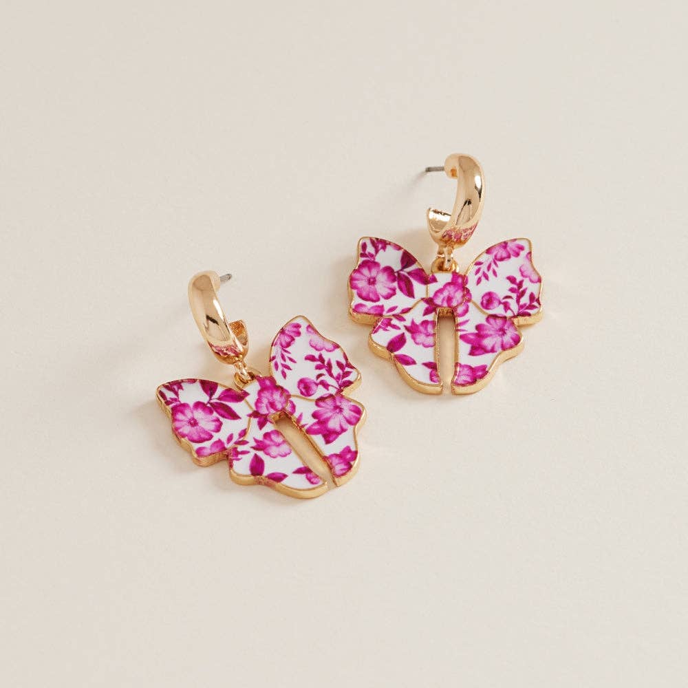 Designature New York - Wholesale Hoop Earrings - Ceramic Bow Enamel Flower Pattern Hoop Earrings1