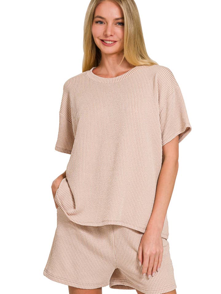 42POPS - Wholesale Lounge Set - Women's - ',,,..Corded Rib Short Sleeve Tee & Short Pants 2PC Set