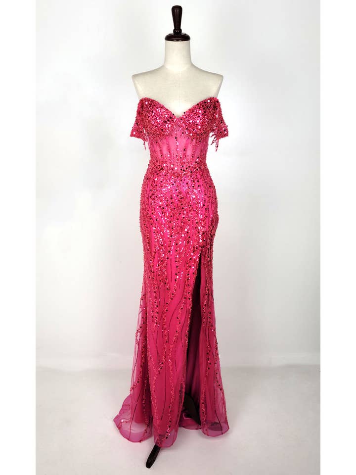 Chicas - Wholesale Gown - Women's - Off the Shoulder Sequin and Bead Long Dress C33166