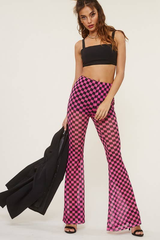 Pink High Waisted Mesh Checkered Print Flared Pants for wholesale on Faire3