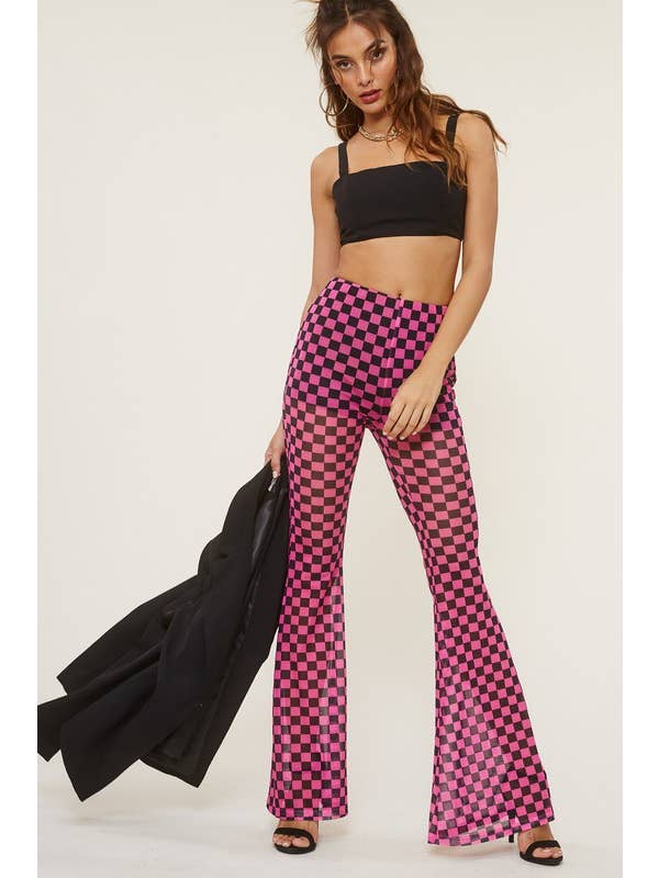 Pink High Waisted Mesh Checkered Print Flared Pants for wholesale on Faire3