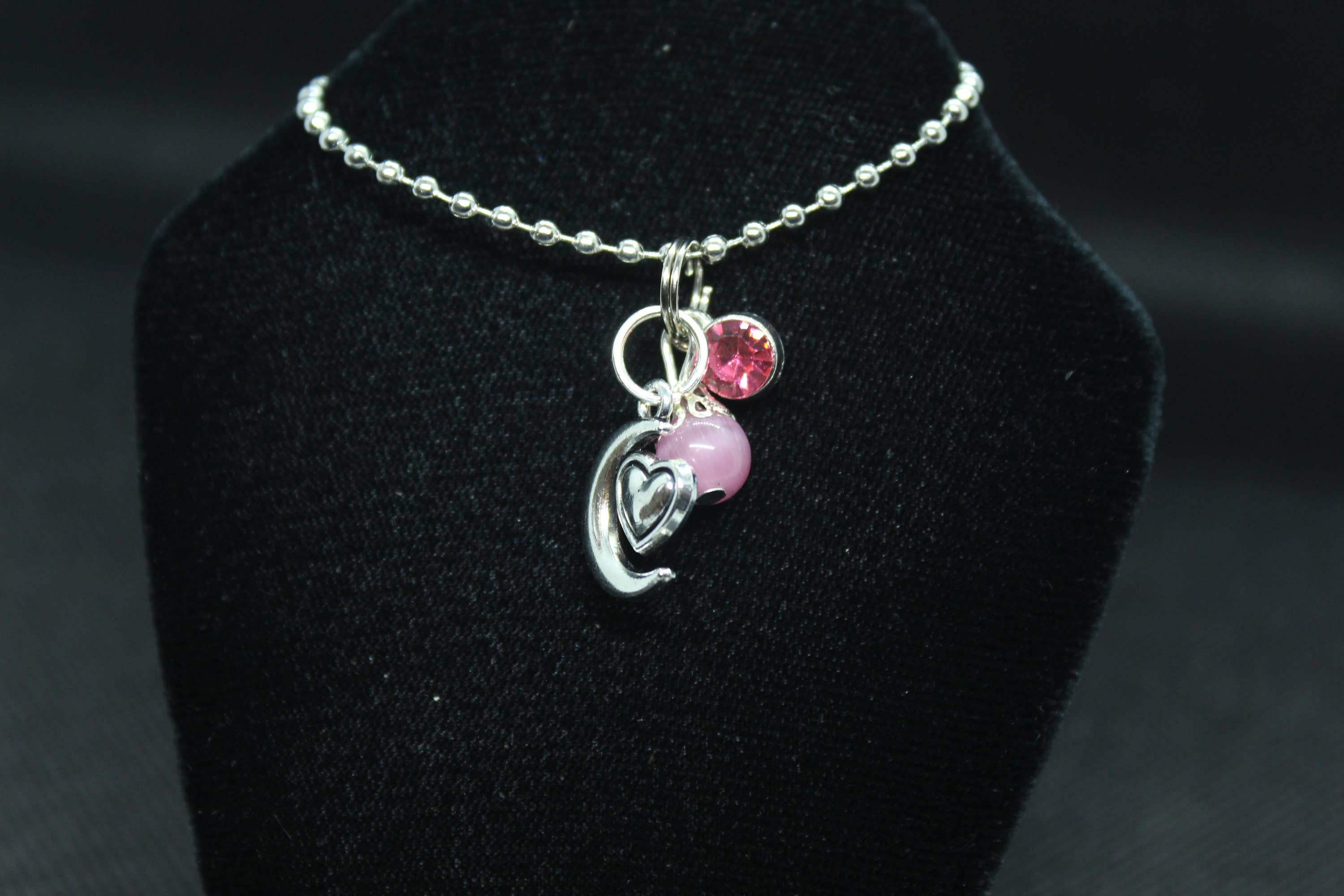 Witchcrafted in MI - Wholesale Pendant/Charm Necklace - Pink Cat's Eye Heart Moon Necklace Crystal Witch Witchy1