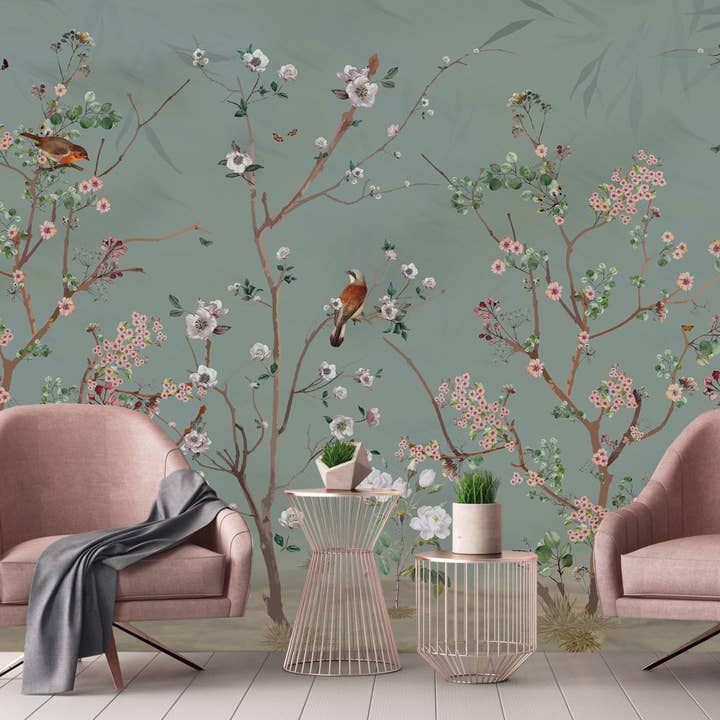 Walloro Luxury Embossed Wallpaper – Großhandel Tapete – Extra große Chinoiserie-Blumentapete, grüne Vogelblüten-Wandmalerei, benutzerdefinierte Größe, luxuriöse, moderne Tapete, nicht geklebt, waschbar, abnehmbar