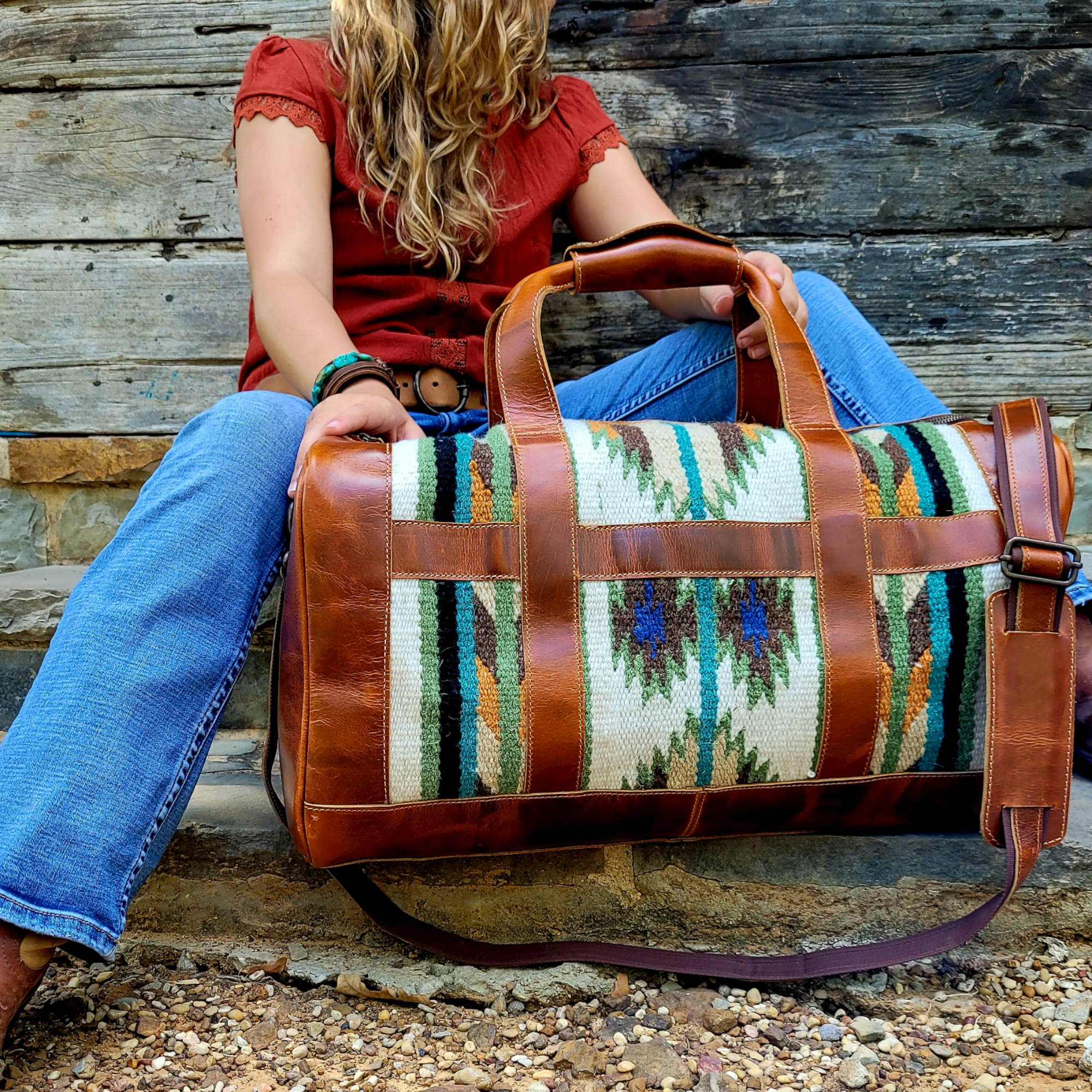 Ranch Junkie - Wholesale Weekender Bag - Unisex - Southwestern Saddle Blanket Aztec Weekender Aspen Leather Duffel Bag12