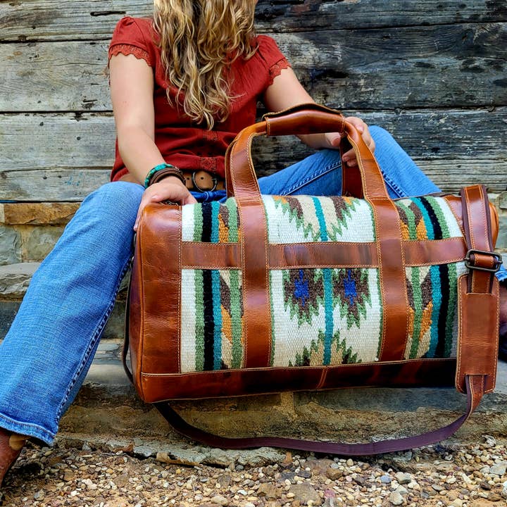 Ranch Junkie - Wholesale Weekender Bag - Unisex - Southwestern Saddle Blanket Aztec Weekender Aspen Leather Duffel Bag12