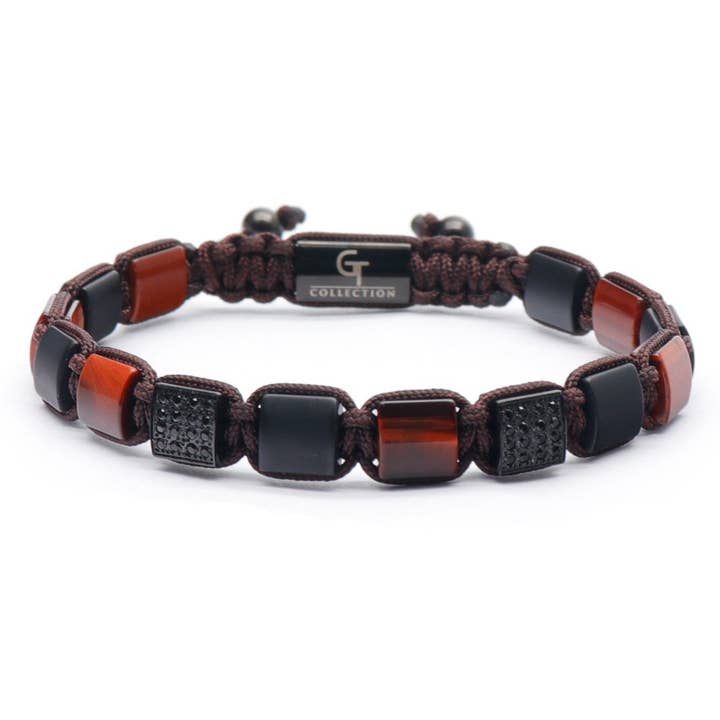 Herenarmband van RODE TIJGEROOG, ZWARTE ONYX platte kralen voor wholesale door GT collection Jewelry