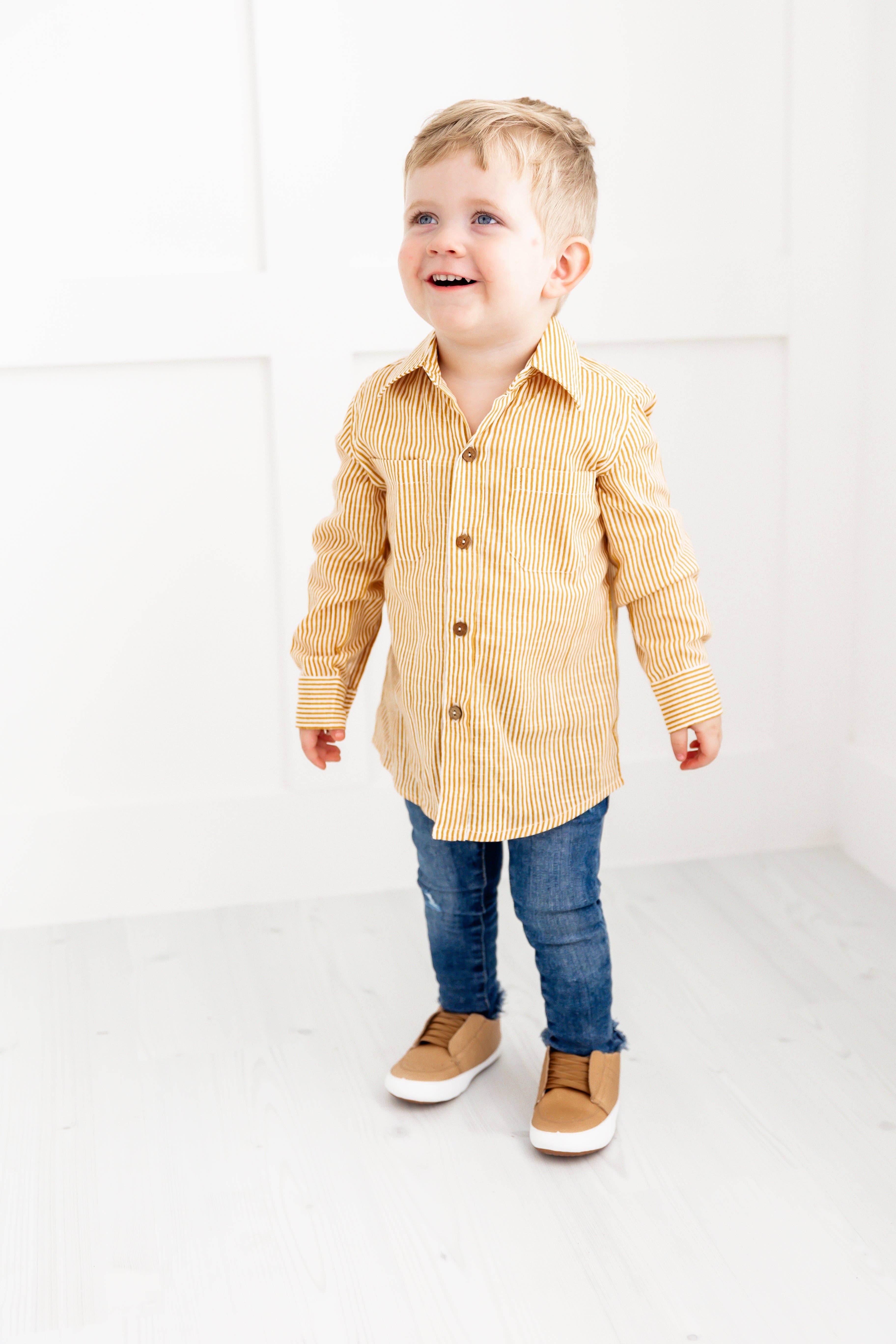 Yo Baby - Wholesale Button Down Shirt - Kids - Mustard Stripes Printed Boys Shirts10