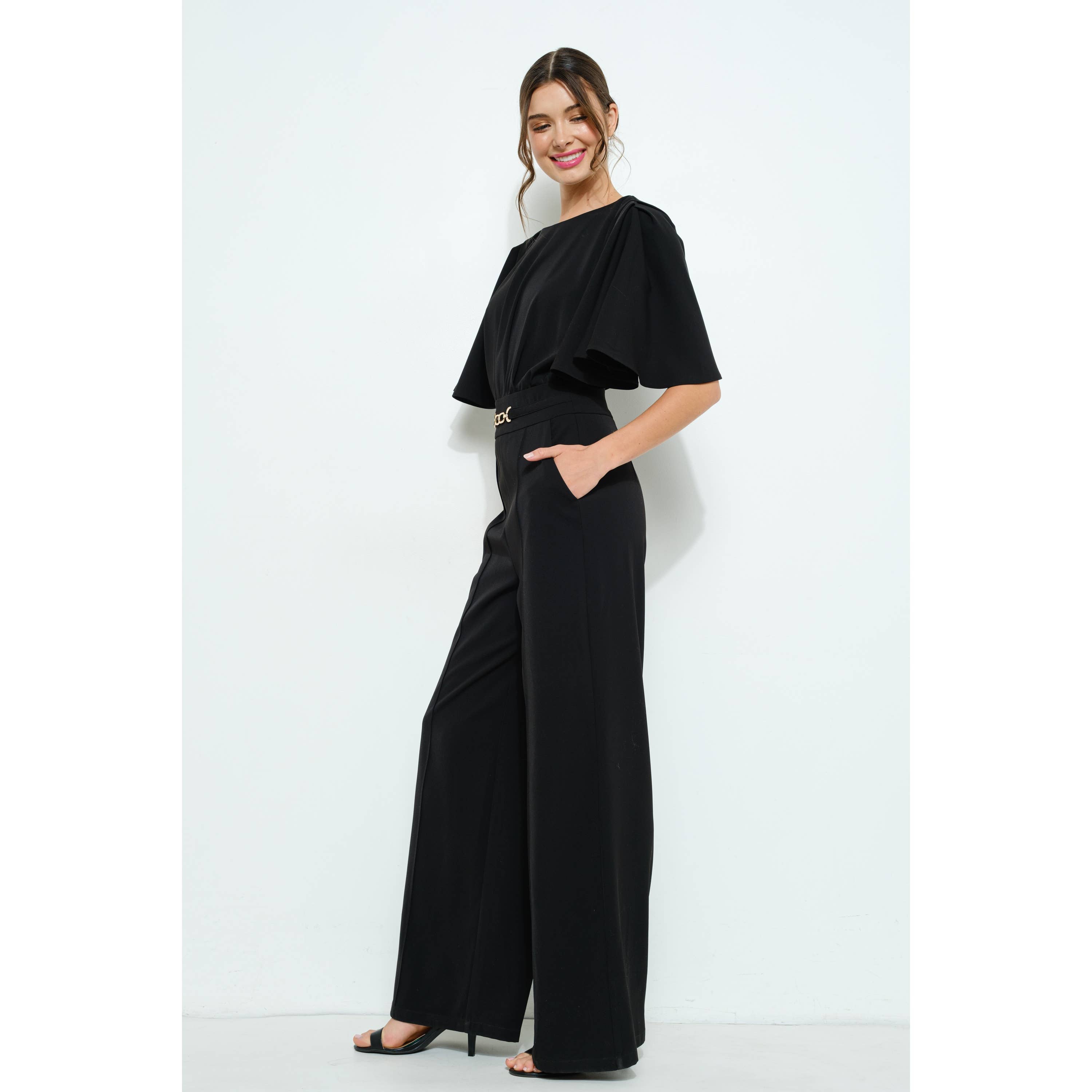 INA - Wholesale Romper - Women's - Flutter Kimino Sleeve Buckle Detail Wide Jumpsuit4