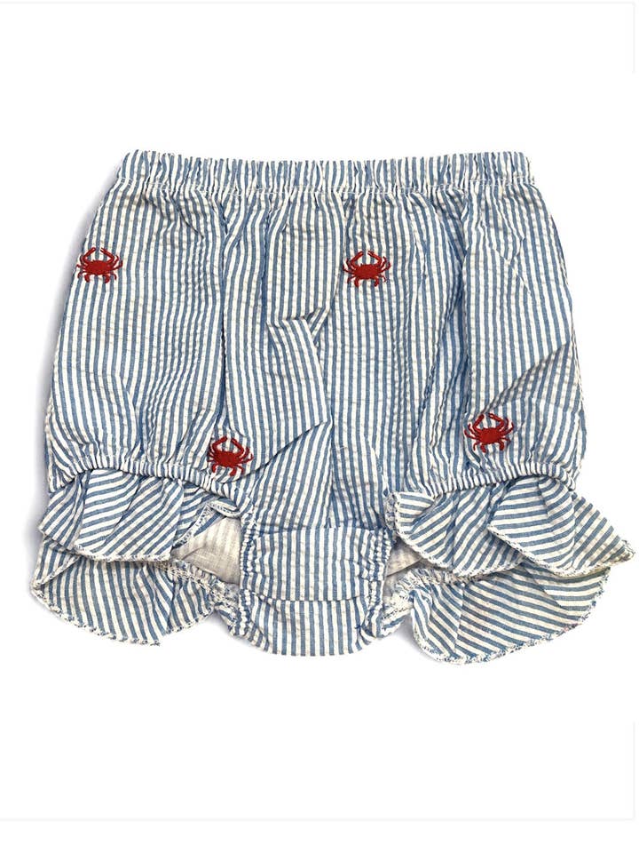 Bloomer bébé en seersucker bleu ardoise avec des crabes rouges brodés pour la vente par Piping Prints