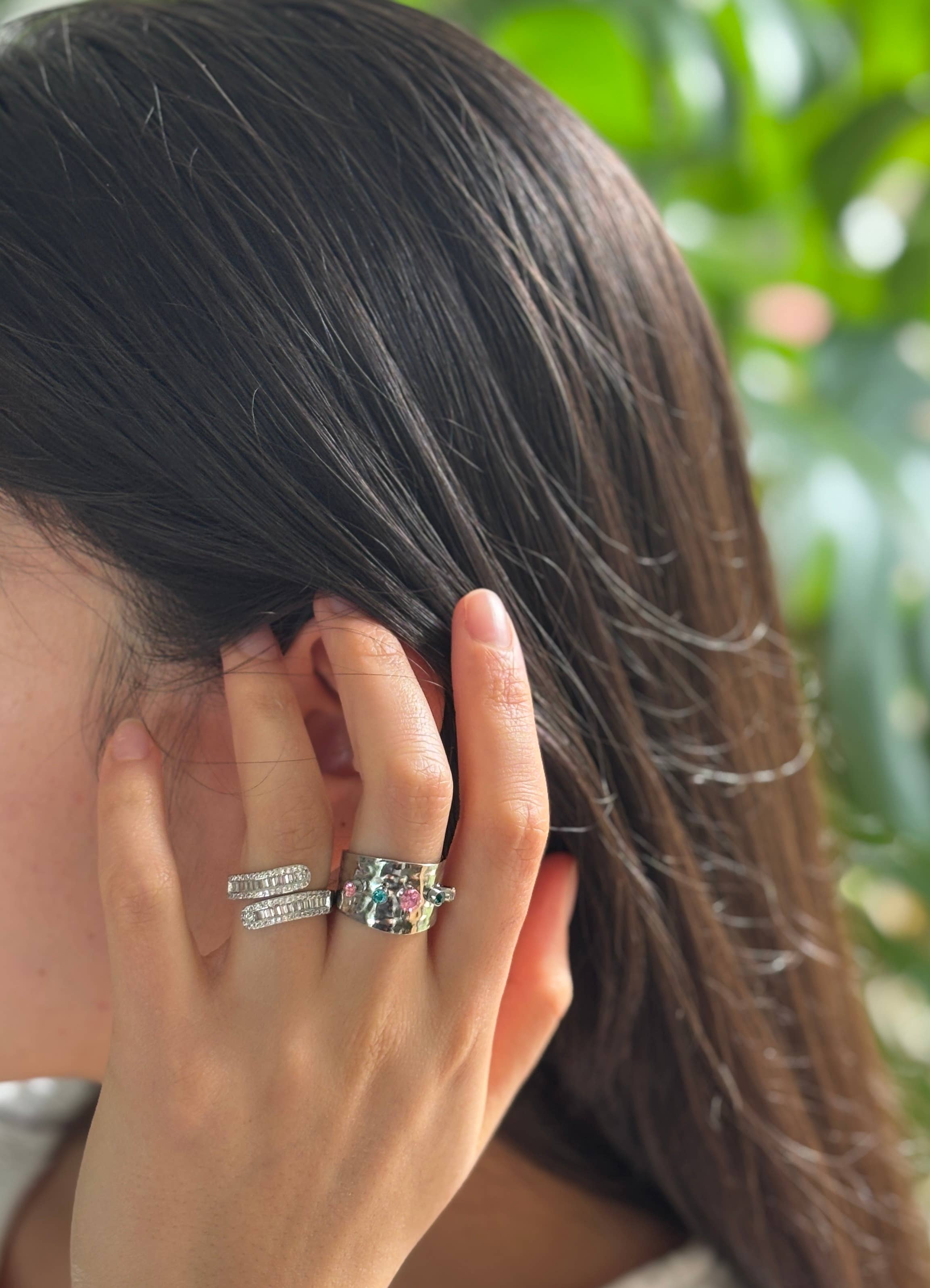 Ocean Ripples - Wholesale Cocktail/Statement Ring - Stainless Steel Cubic Zirconia Hammered Adjustable Ring 1