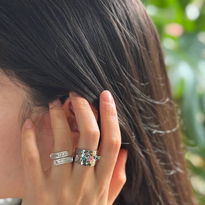 Ocean Ripples - Wholesale Cocktail/Statement Ring - Stainless Steel Cubic Zirconia Hammered Adjustable Ring 1