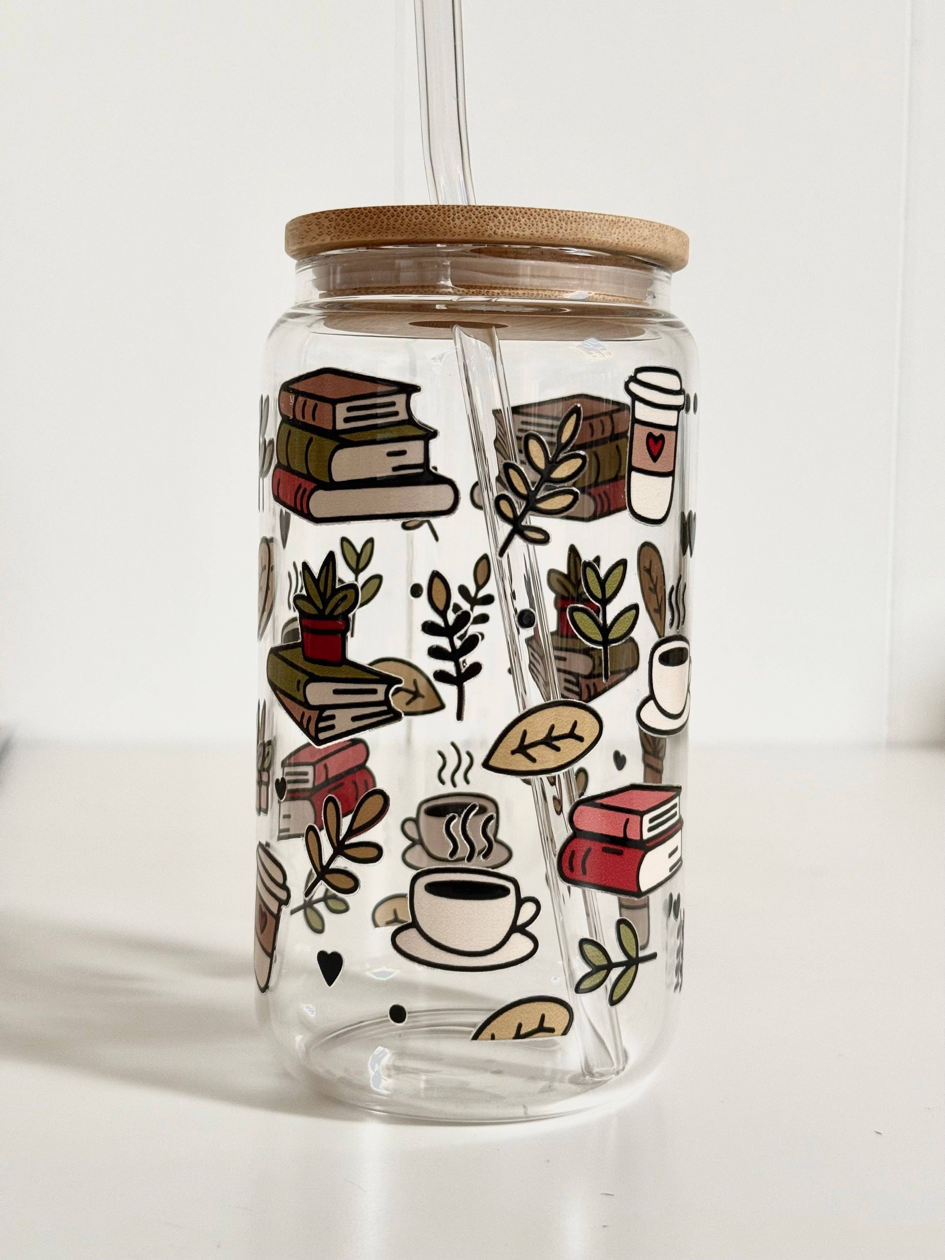 the cute cloud – wholesale Drinking glass/cup – Books & Coffee Glass Tumbler Double Sided Print with Lid and Straw2
