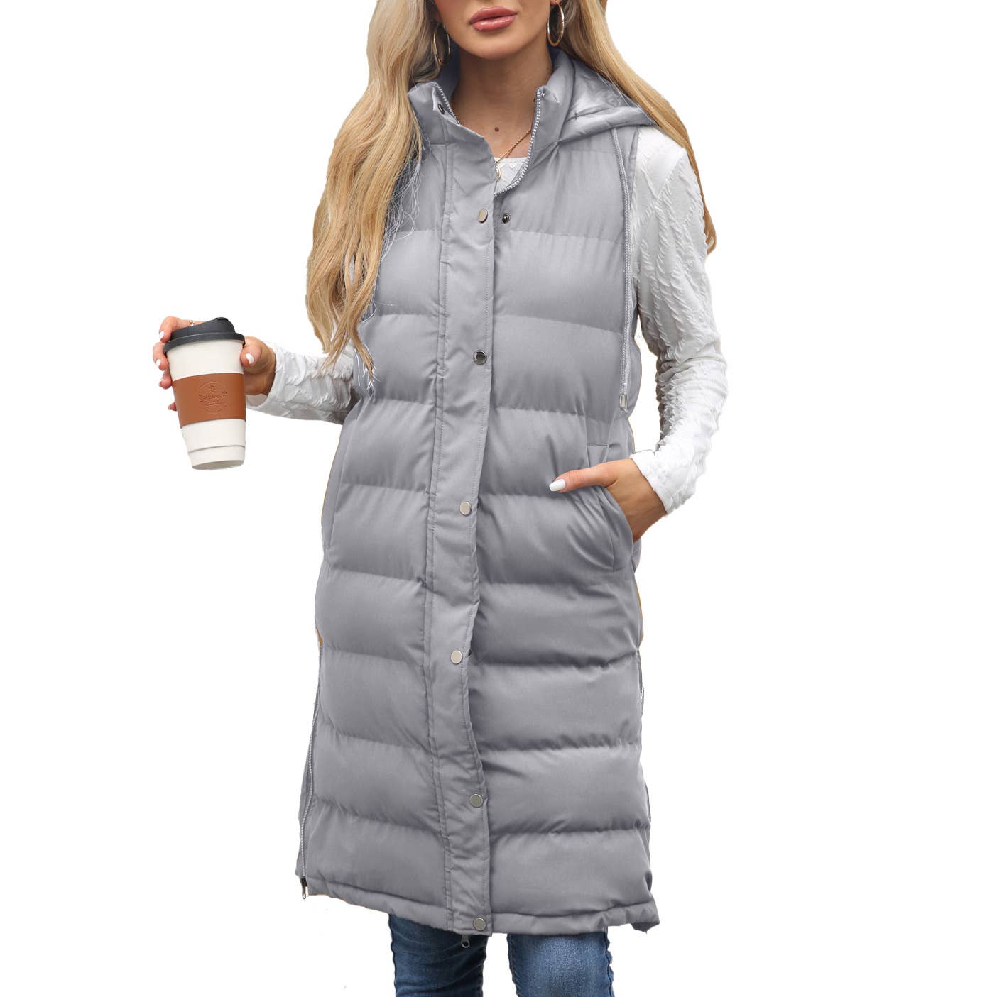 Lily Clothing - Wholesale Outerwear Vest - Women's - Solid-color hooded sleeveless cotton-padded vest4