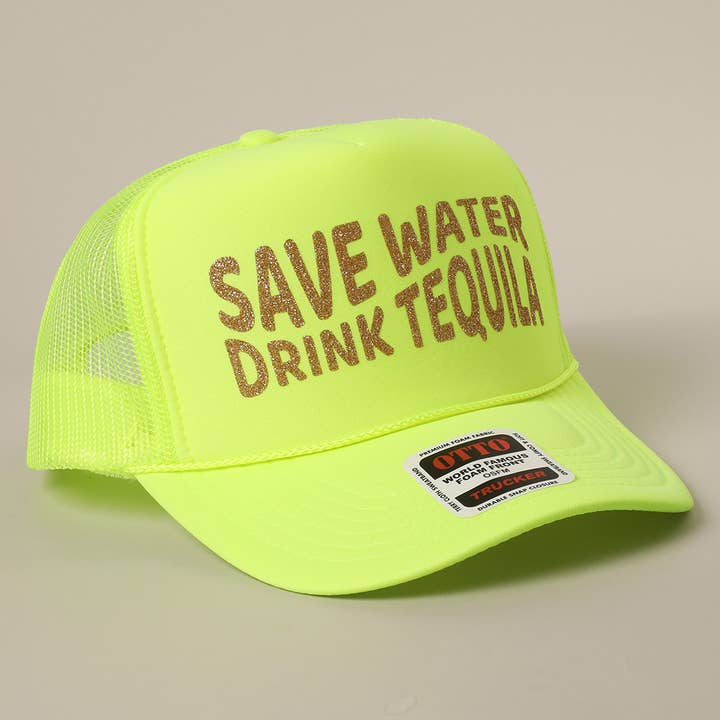 Fashion City - Wholesale Trucker Hat - Unisex - Save Water Drink Tequila Glitter Text Logo Mesh Back Cap16
