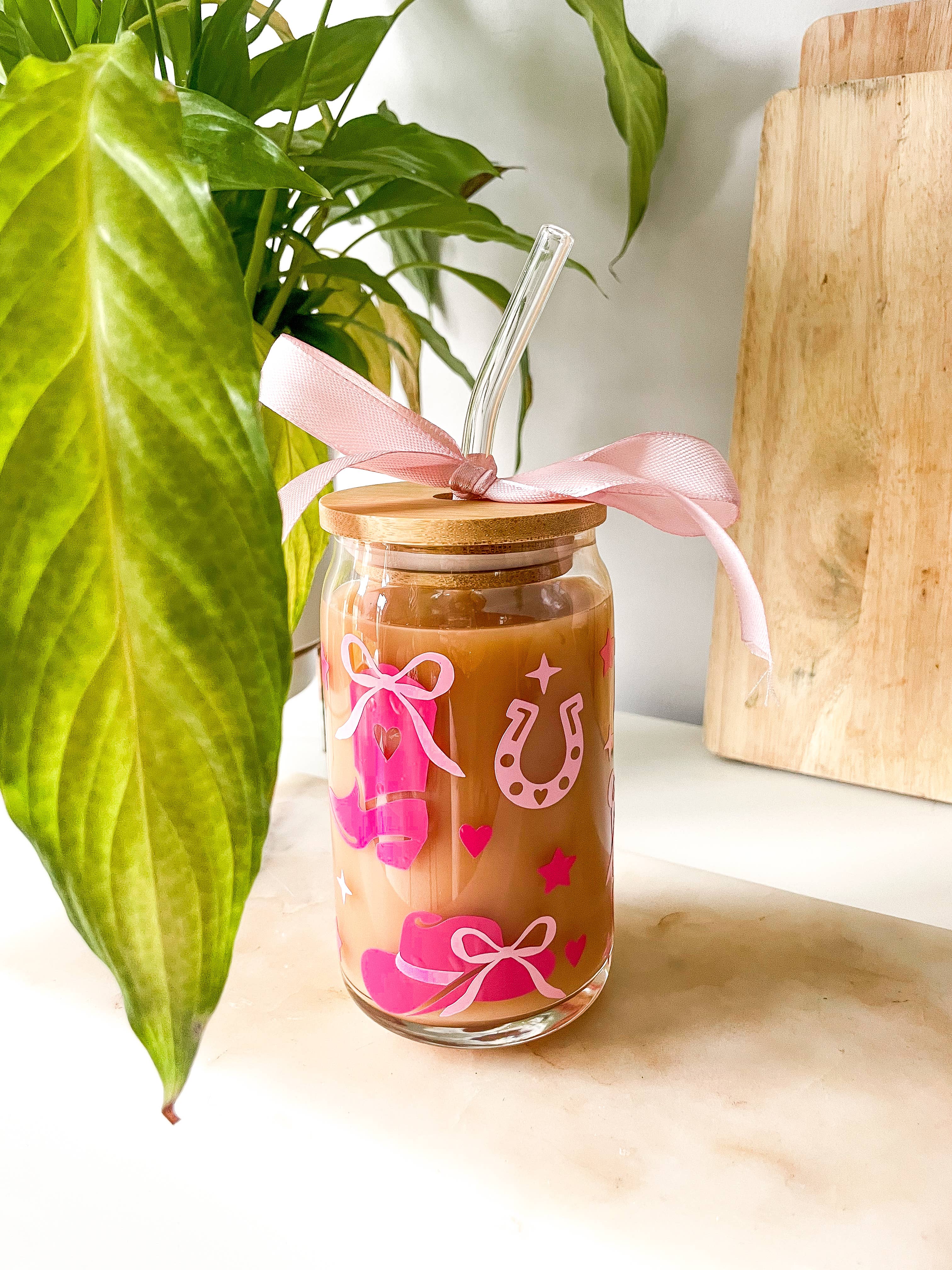 Hope and Grey Creative – wholesale Drinking glass/cup –  Cowgirl Glass Can with Bamboo Lid and Clear Glass Straw 3