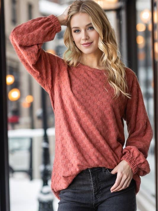 HEIMISH - Wholesale Blouse - Women's - ET7703-10 SOLID BRUSHED CHECKERED JACQUARD KNIT TOP