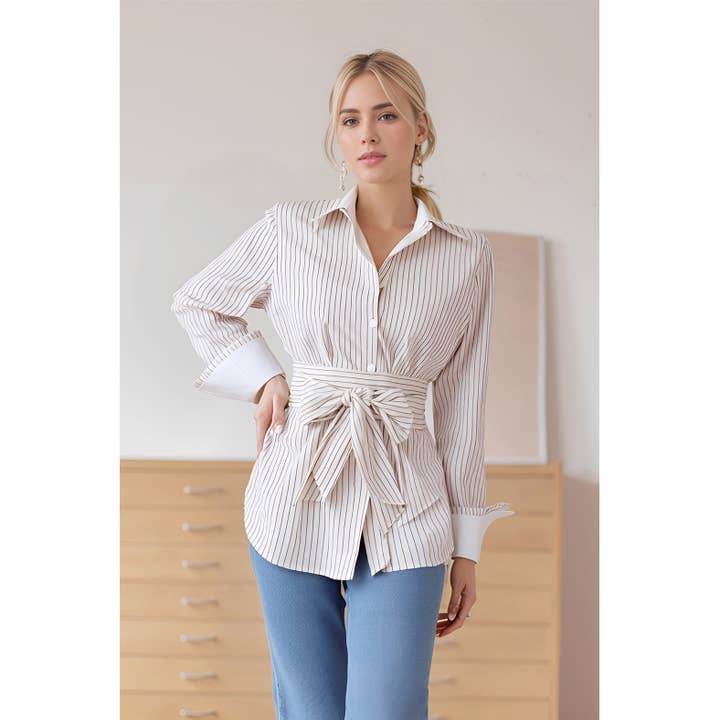 X0082LT Striped Waist-Tie Blouse for wholesale by XHHH Inc