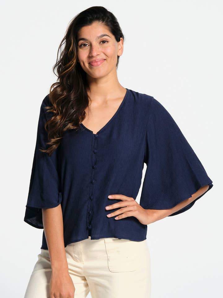 Camisa azul marino para mujer forrada con viscosa para venta al por mayor de J&JOY