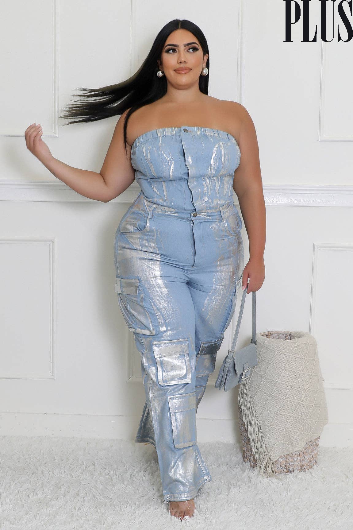 5besties inc – wholesale Jumpsuit – Women's – FOIL PRINT DENIM STRAPLESS JUMPSUITS6
