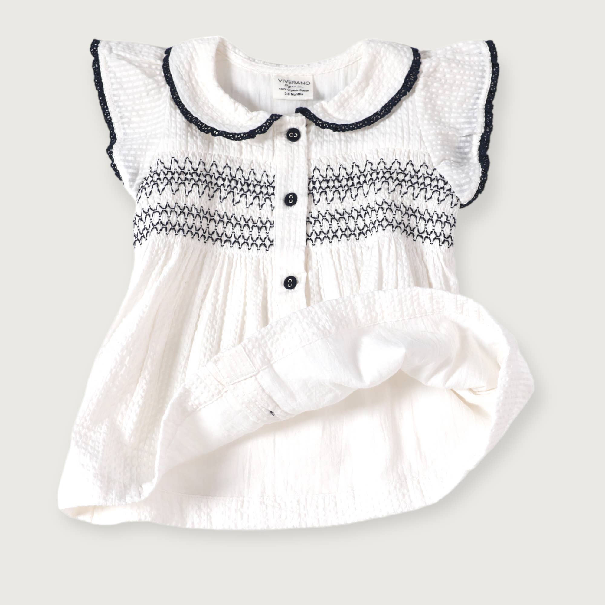Bianco Off Abito da bambino Celine bianco in seersucker con camicia e Bloomer Organic in vendita all'ingrosso su Faire2