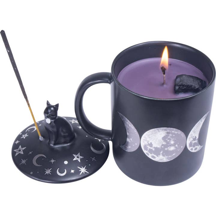 Kheops International – wholesale Jar/filled candle – 3 in 1 Ceramic Mug Candle & Incense - Moon Phases Design2