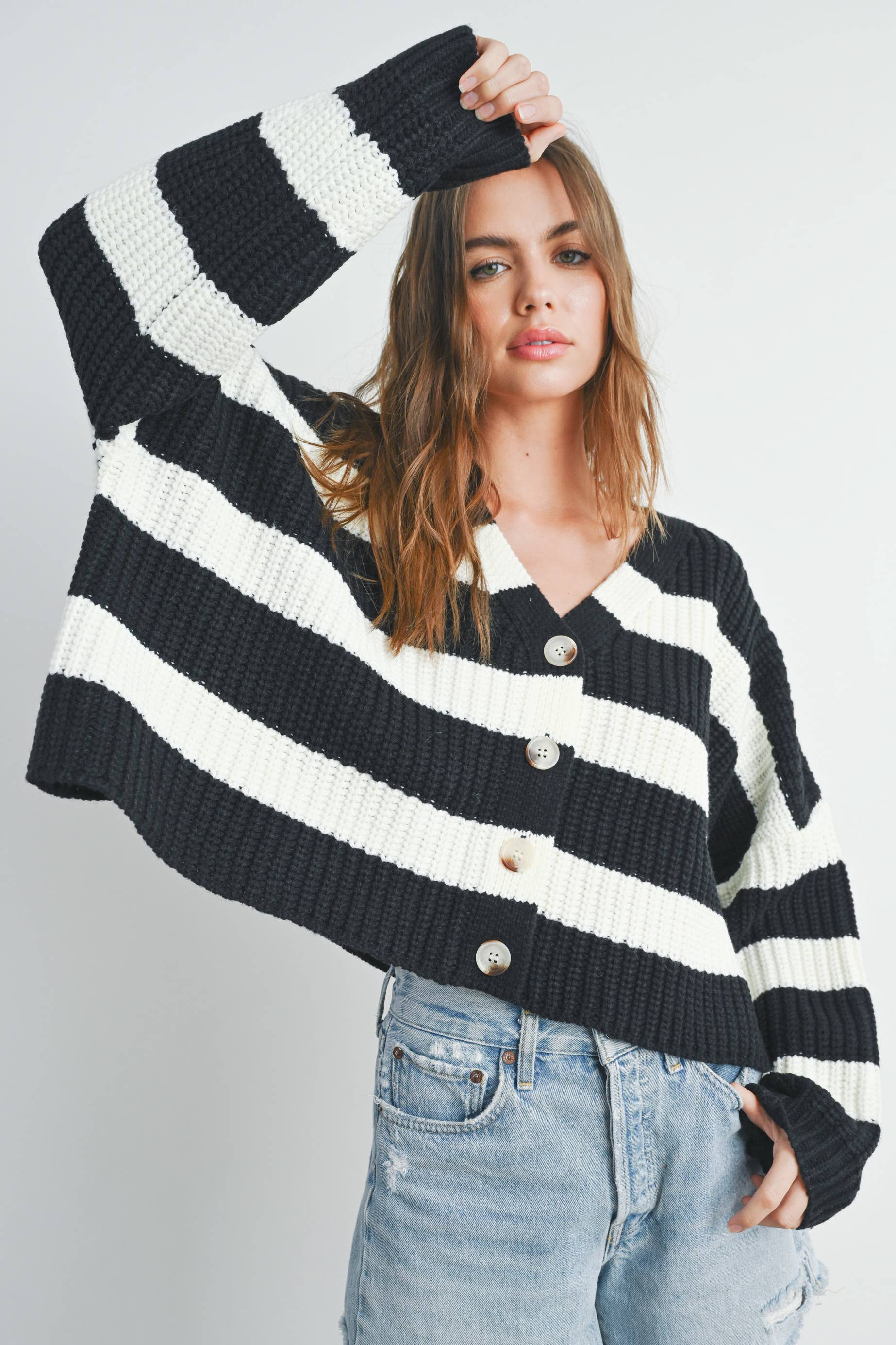 BUTTERMELON – wholesale Cardigan – Women’s – Striped V-Neck Cardigan with Buttons - BMC73315