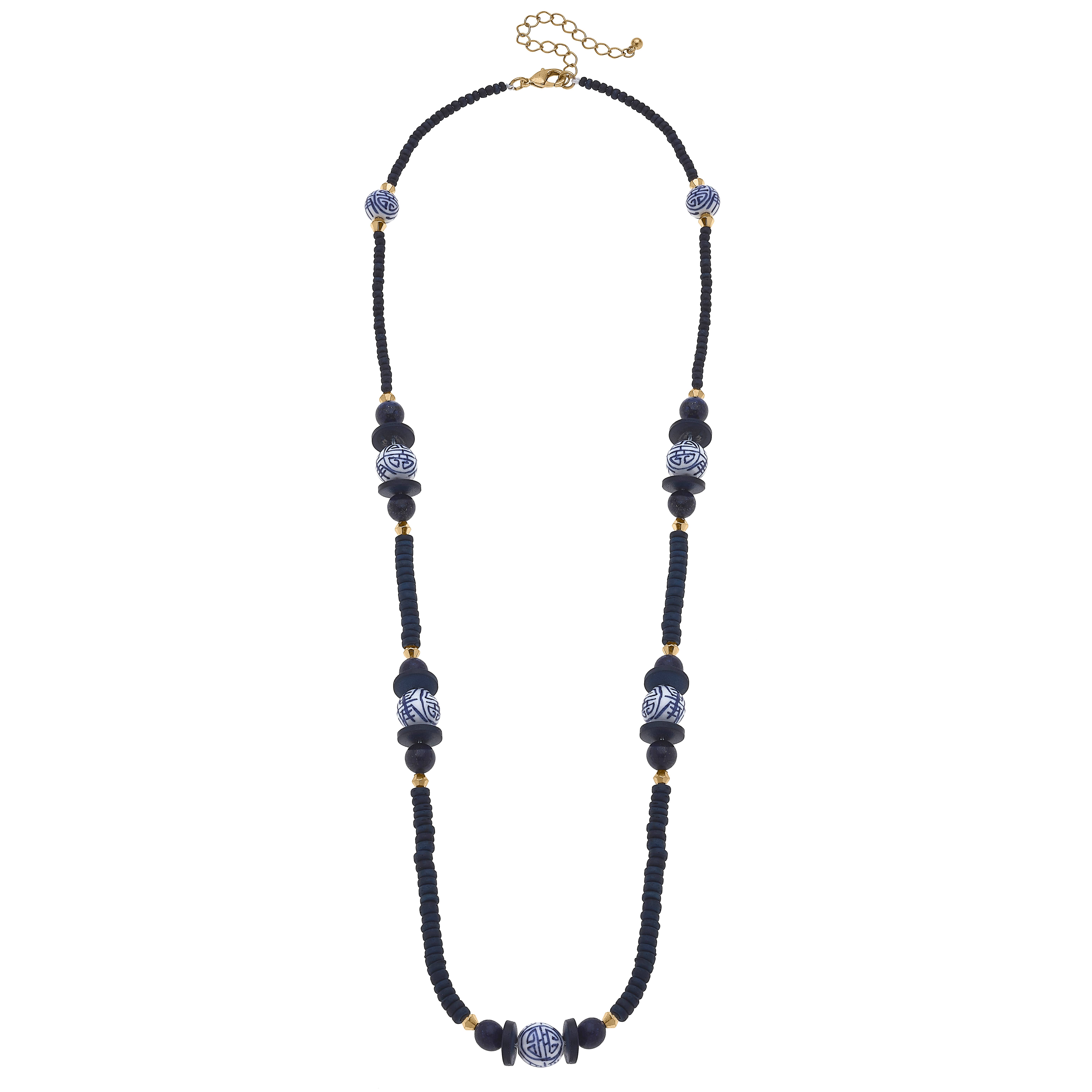 Canvas Style – wholesale Beaded/pearl necklace – Savoy Chinoiserie & Painted Wood Necklace in Navy2
