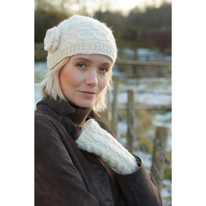 Chamonix - Cream Cable Knit Crocheted Flower Beanie Hat for wholesale on Faire3