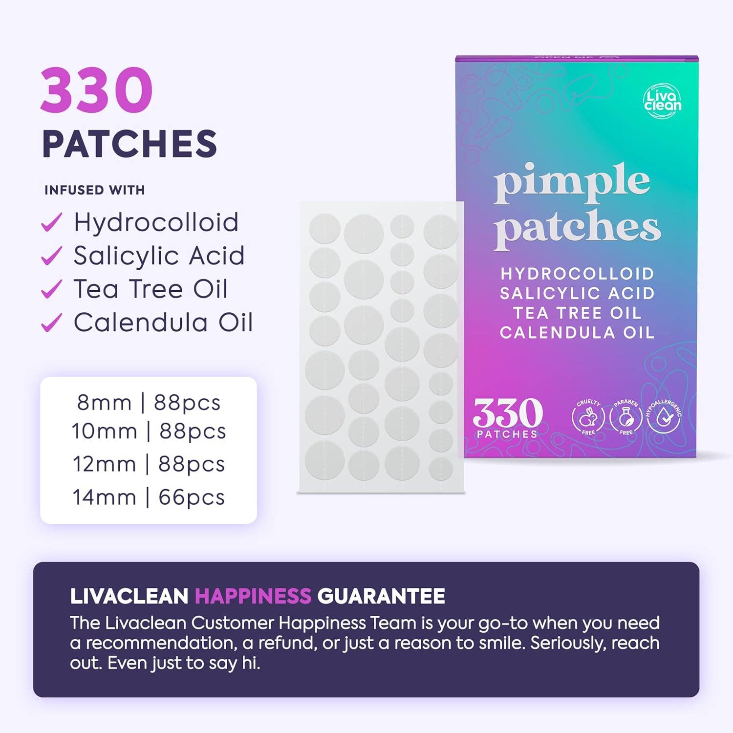 Livaclean - Wholesale Acne/Hydrocolloid Patch - 330CT Pimple Patches Hydrocolloid Patch Spot Treatment with Salicylic Acid, Tea Tree Oil & Calendula Oil - 4 Sizes1