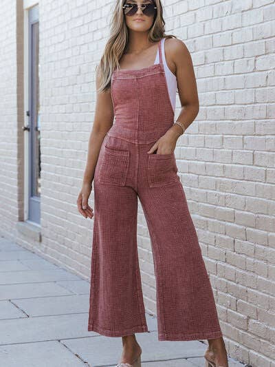 Texture Spaghetti Strap Square Neck Overalls for wholesale by Beyond Apparel