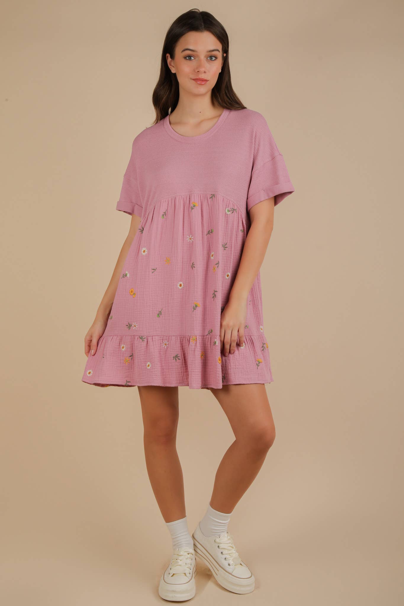 VERY J - Wholesale Dress - Women's - ND31718-Oversized Floral Embroidered Knit Mini Dress9