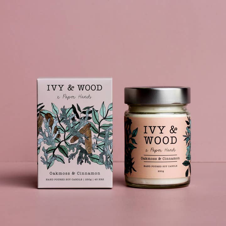 Botanico: Candela di soia muschio di quercia e cannella per la vendita all'ingrosso da parte di Ivy & Wood