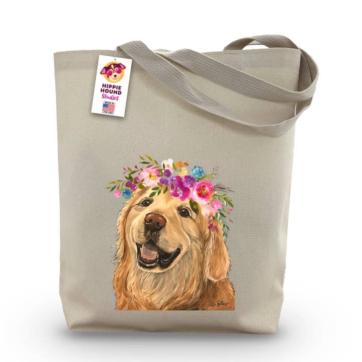 Hippie Hound Studios - Wholesale Tote Bag - Women's - Bright Blooms Golden Retriever Tote Bag, Cute Dog Tote