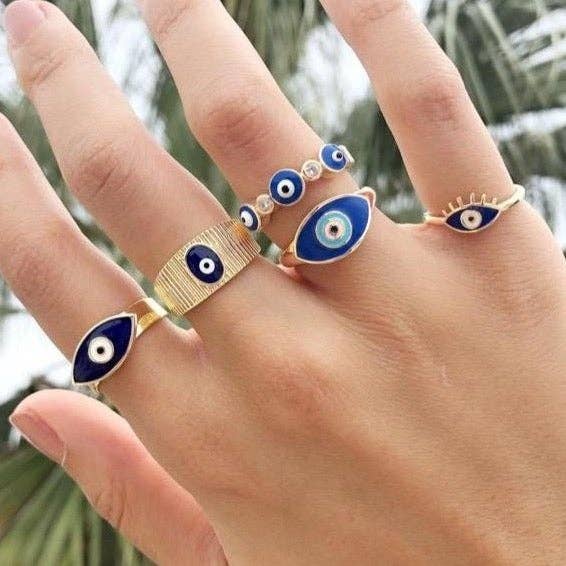 Evil Eye Ring Set, Gold Adjustable Ring, Turkish Evil Eye for wholesale by Evileyefavor