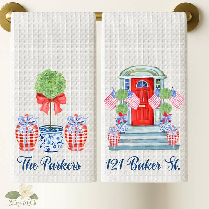 Monogrammed Chinoiserie Tea Towel: Preppy Independence Day Kitchen Decor for wholesale by Cottage & Club