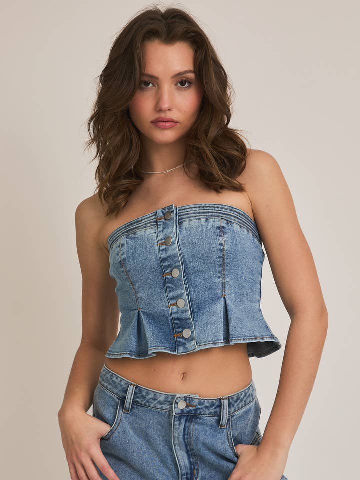LE LIS - Wholesale Blouse - Women's - DENIM TUBE TOP WITH FRONT BUTTONS