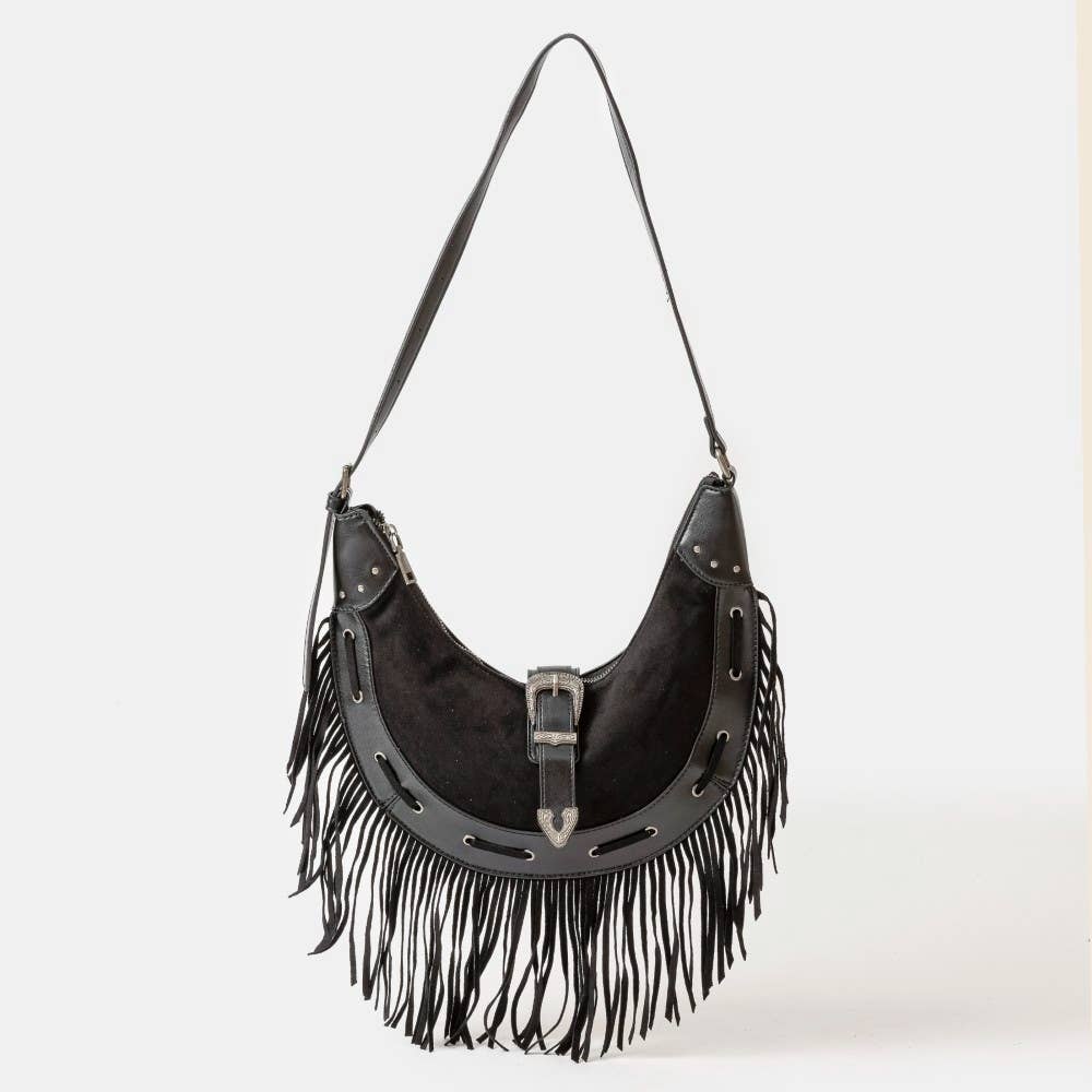 Collections by Fame Accessories - Wholesale Shoulder Bag - Women's - Leather Belt Decor Fringe Hobo Shoulder Bag5