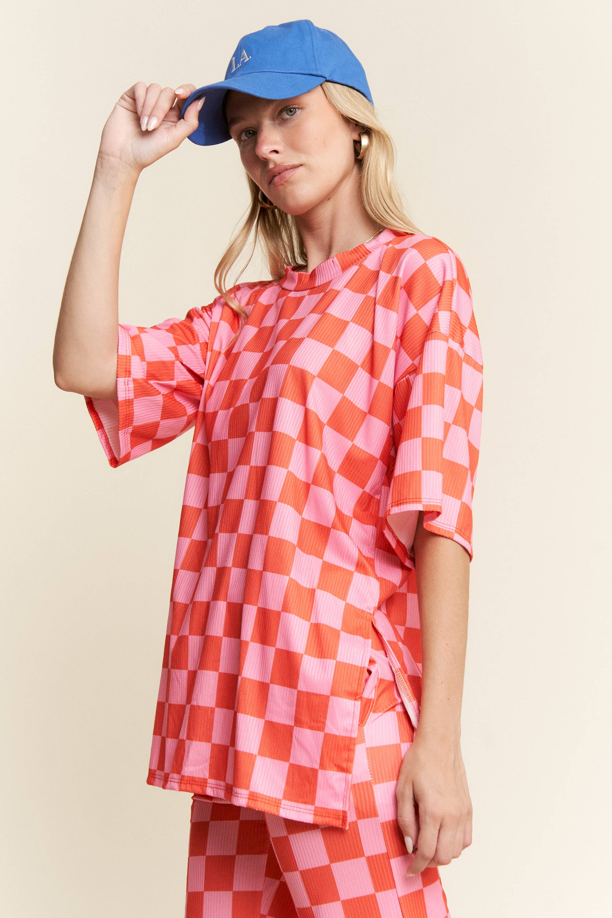 JADE BY JANE - Wholesale Lounge Set - Women's - RIBBED CHECKERED PRINT TOP/STRAIGHT LEG PANTS SET24