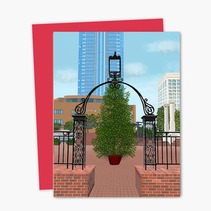 Portland Pioneer Square Tree Punny Holiday Card for wholesale by JessBecauseArtCo