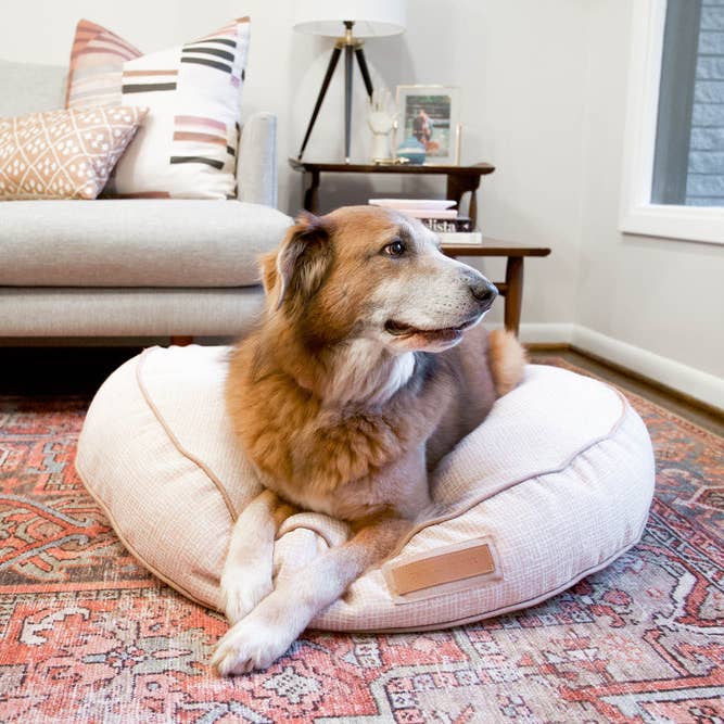 Lit rond pour animal de compagnie en forme de ventre de chiot, rose pour la vente par The Houndry