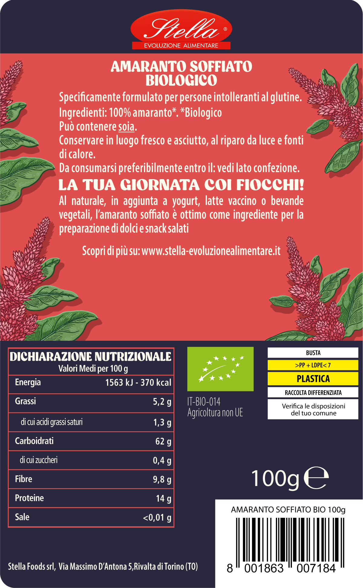 Stella Foods s.r.l. – Snacks tufados por atacado – Amaranto Orgânico Estufado sem Glúten STELLA 100 g3