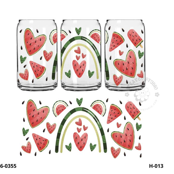 UVDTF cup wrap Summer vibe watermelon 16 oz glass cup for wholesale by Weavey Studio